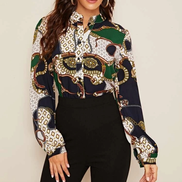 SHEIN Geo & Chain Print Button-Front Top - Picture 4 of 9